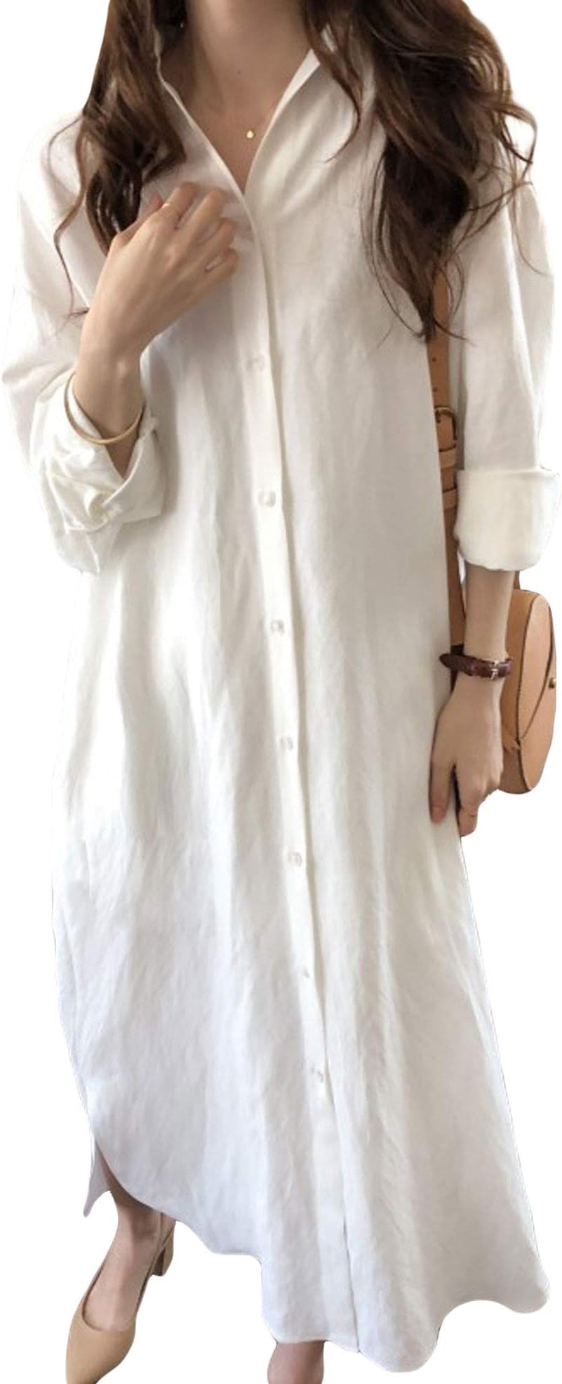 GGUHHU Womens Chic Button Down Rolled-Up Sleeve Long Cotton Blouse Maxi Dress (Medium, White)