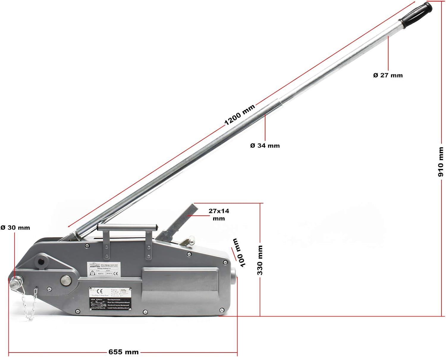 Wiltec Manual Winch with detailed dimensions
