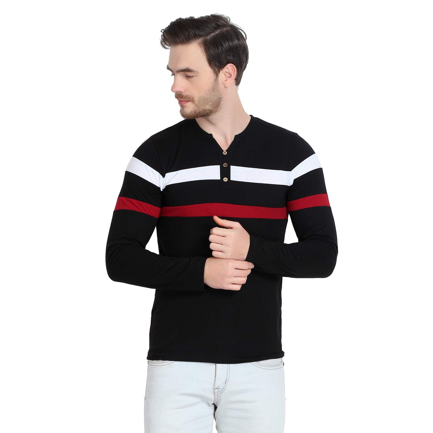 Glito Men's Hanley Neck Regular Fit Full Sleeve T-Shirts - Black Color,