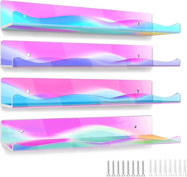 Giyiprpi 4 Packs Large Iridescent Clear Acrylic Floating Shelf Wall Mount, 15.7" Wall Ledge Bookshelf with Installation Hardware, Shelf Display Organizer for Bathroom Bedroom Nursery Kitchen