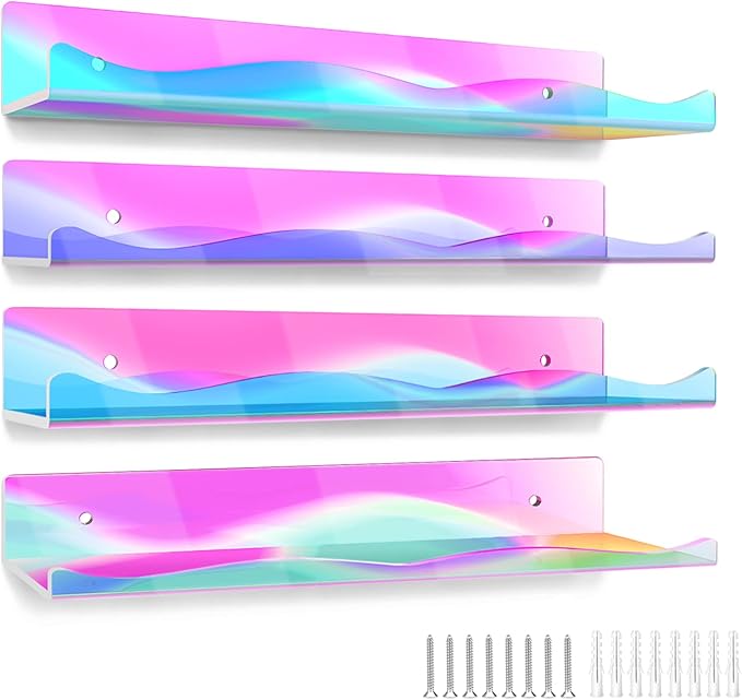 ULENDIS 4 Packs Large Iridescent Clear Acrylic Floating Shelf Wall