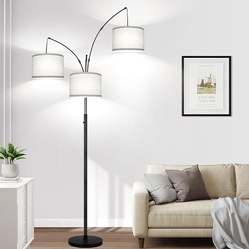 Lámpara de pie regulable, 3 luces de arco para sala de estar, moderna lámpara de árbol alto con pantalla de lino gris y base pesada, lámpara de pie