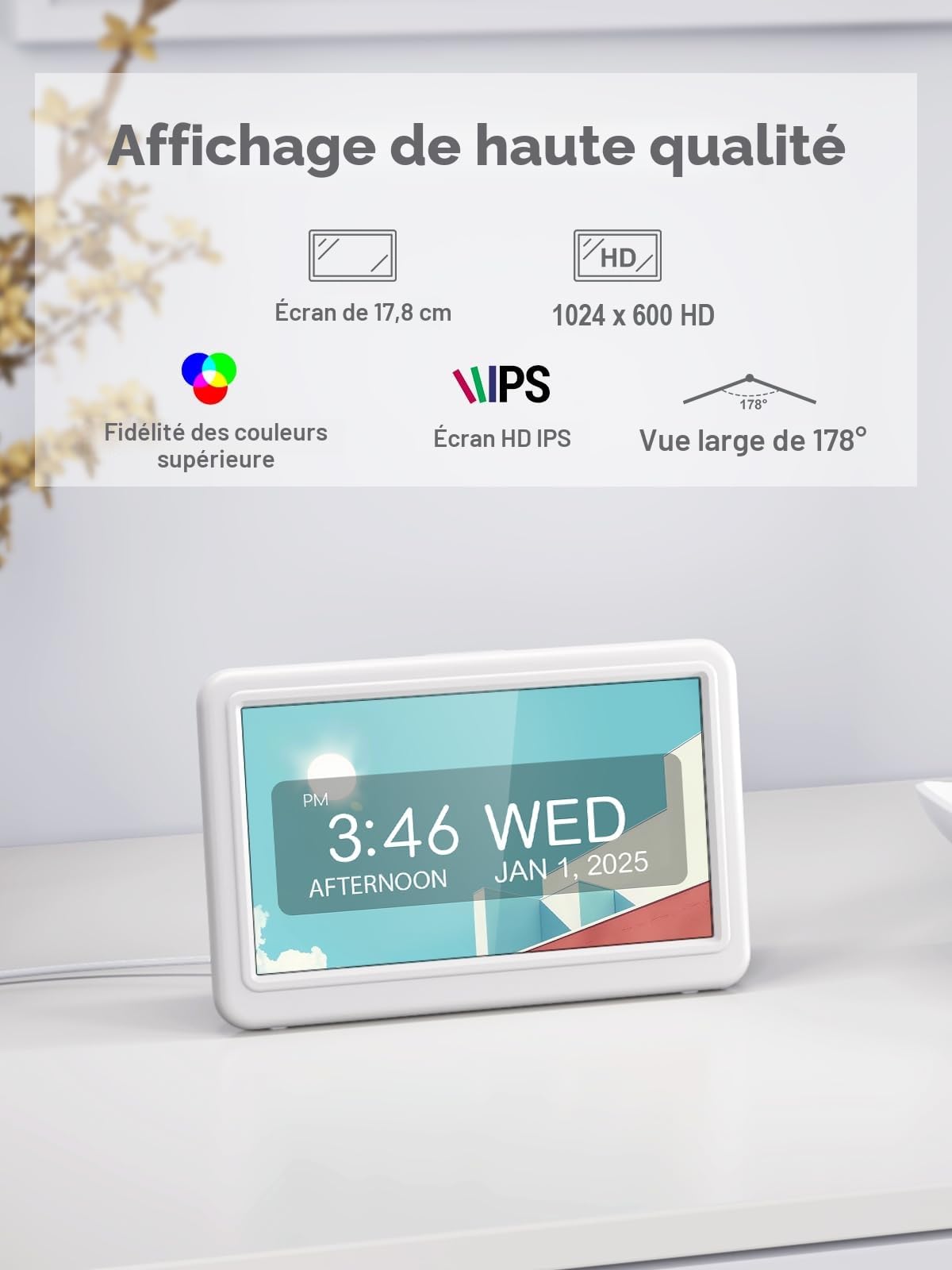ROCAM Réveil Numérique 7", Calendrier Digital avec Date et Jour, 20 Alarmes & Rappels, Navigation Facile, Auto-DST, Horloge Numérique pour Personnes Âgées & Alzheimer, Grand Écran, 10Niveaux, 6 Langue