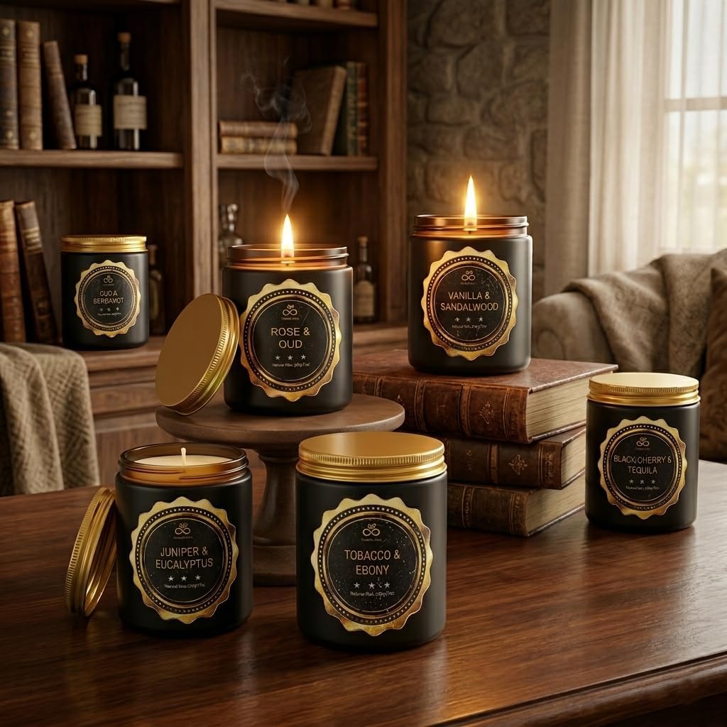 Candles for Men, 6-Pack Soy Wax Scented Candles Gift Set with Tobacco Ebony Vanilla Sandalwood Bergamot, 50 Hour Long Burn, Aromatherapy Candles, YuuKiin Luca Mens Gifts for Birthday Fathers Day