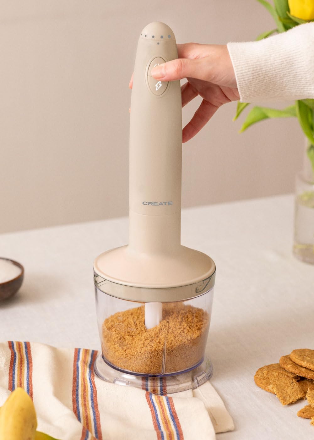 CREATE/FULLMIX RETRO/Mixeur Plongeant Rose Pastel/Battre, Mélanger Et Fouetter, 6 Vitesses, Gobelet Doseur 600ml, Sans BPA, Bol Hachoir 500ml, 1000W