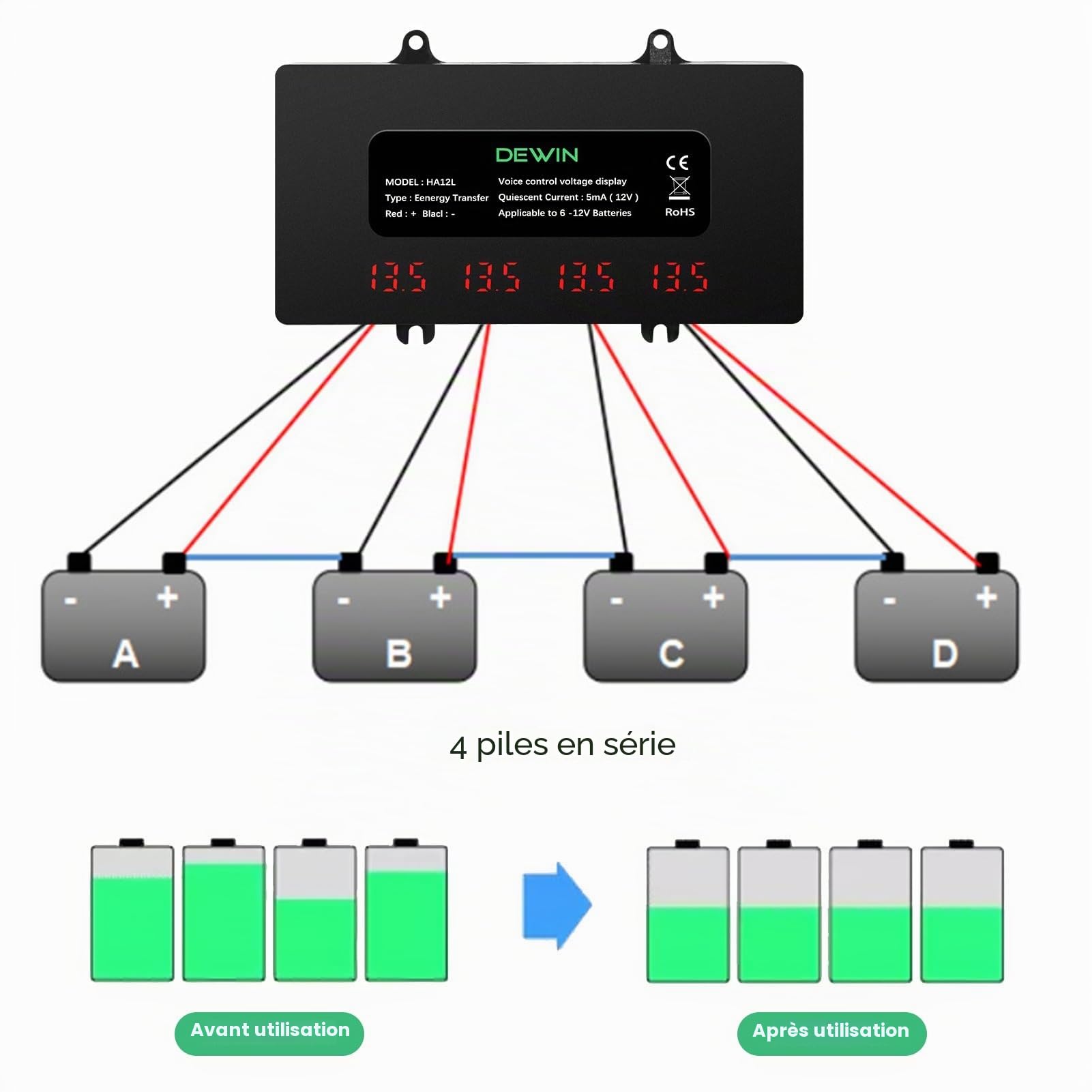 DeWin Batterie Equalizer, égaliseur de Batterie 48V Affichage numérique Équilibreur de Batterie 4 x 12V for Batterie au Lithium Plomb-Acide