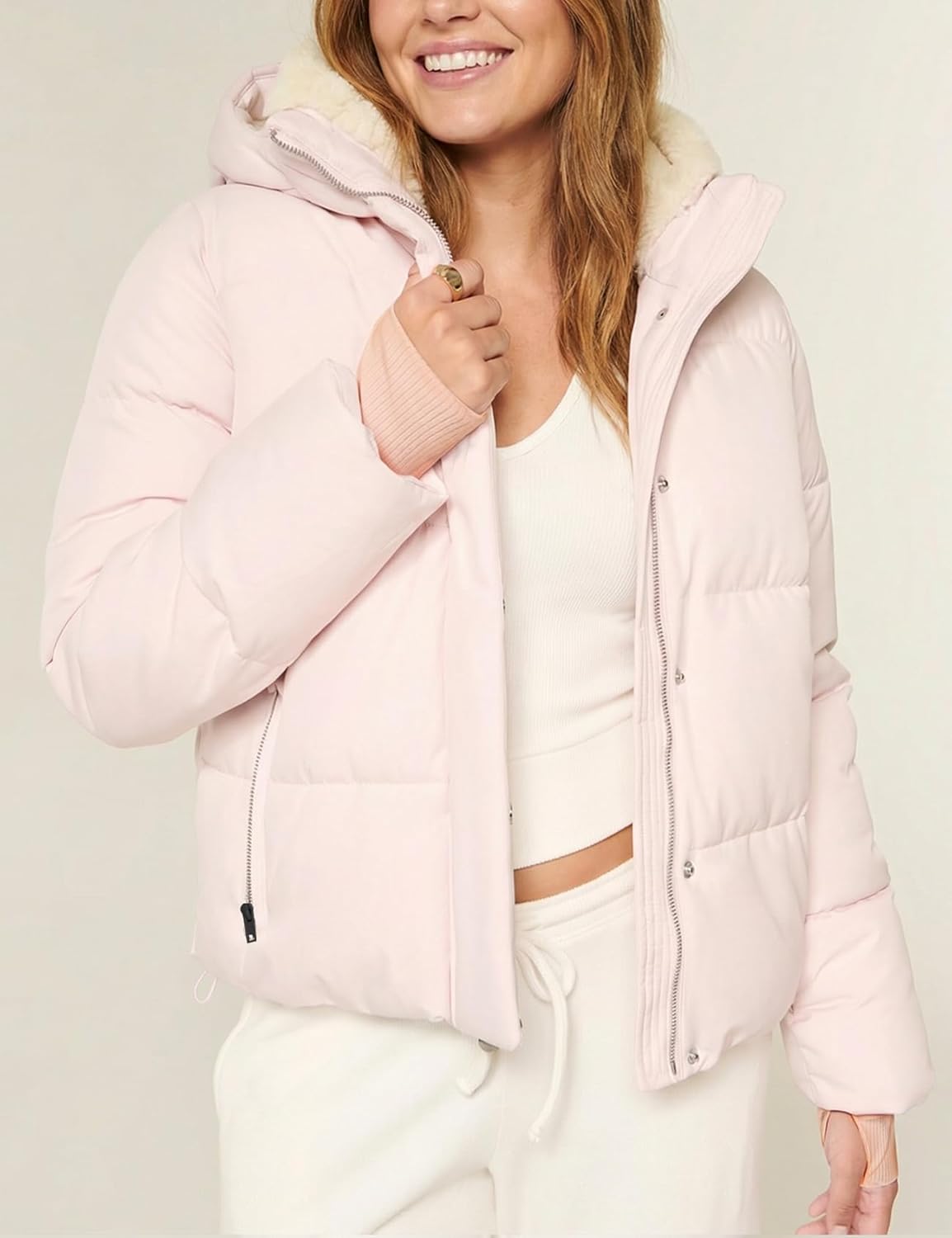 Yimoon Women's Cropped Puffer Jacket Winter Coat Sherpa Fur Lined Quilted Jacket With Hood - Image 2