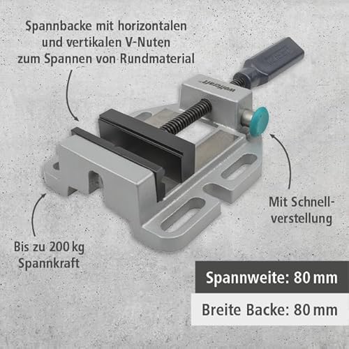 wolfcraft Maschinenschraubstock - 3423000 - mit Schnellverstellung; 200 kg Spannkraft - 80 mm Spannweite - 80 mm Stahlbacke mit horizontalen V-Nuten zum Spannen von Rundmaterial - Stahl-Trapezspindel
