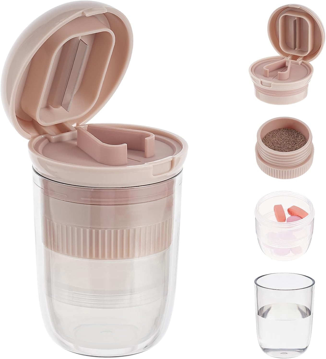 4 in 1 Pill Cutter Splitter, Pill Cutter for Small or Large Pills, Travel Pill Organizer with Crusher Grinder Fine Powder, Stainless Steel Blade, Removable Drinking Cup (Pink)