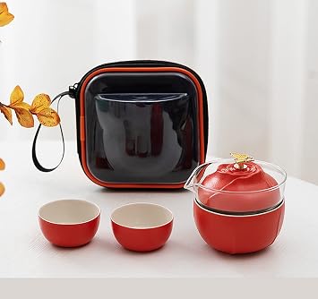 Travel tea set chinese tea set kung fu cup gaiwan tea set portable tea set,butterfly rose tea set,All-in-one Teapot,2 Teacups,1 Travel Bag Color Red