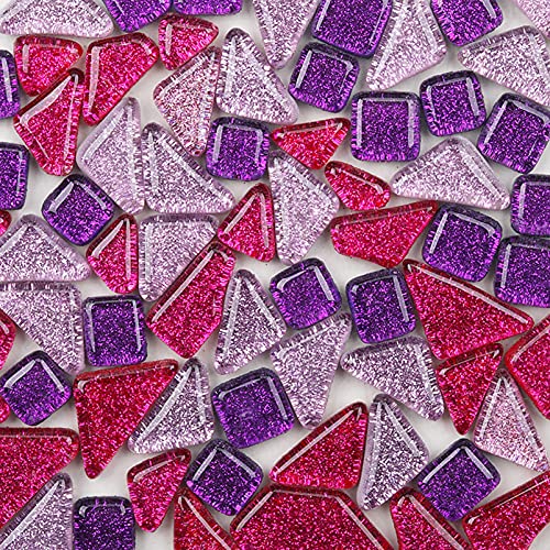Mosaic Tiles For Crafts Assorted Color Glass Glitter Mosaic Supplies Pieces Bulk Square Square Triangle Rectangle Irregular Shape, 120 Pieces/200G (Red Pink Purple Mix) #TOP10