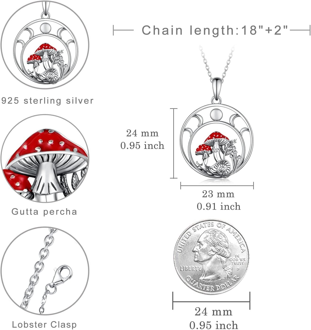 Moon Mushroom Necklace for Women,925 Sterling Silver Magical Red Mushroom Pendant Moon Phase Necklaces,Anniversary Birthday Gifts for Women Mom,18''-20'' - Image 5