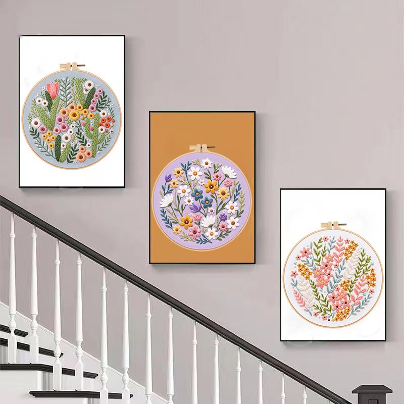 Image of Konrisa Blossoms Embroidery Kit for Adults Beginners, Floral Stamped Embroidery Starter Kit DIY Sewing Practice, Needlepoint Cross Stitch Set of 3