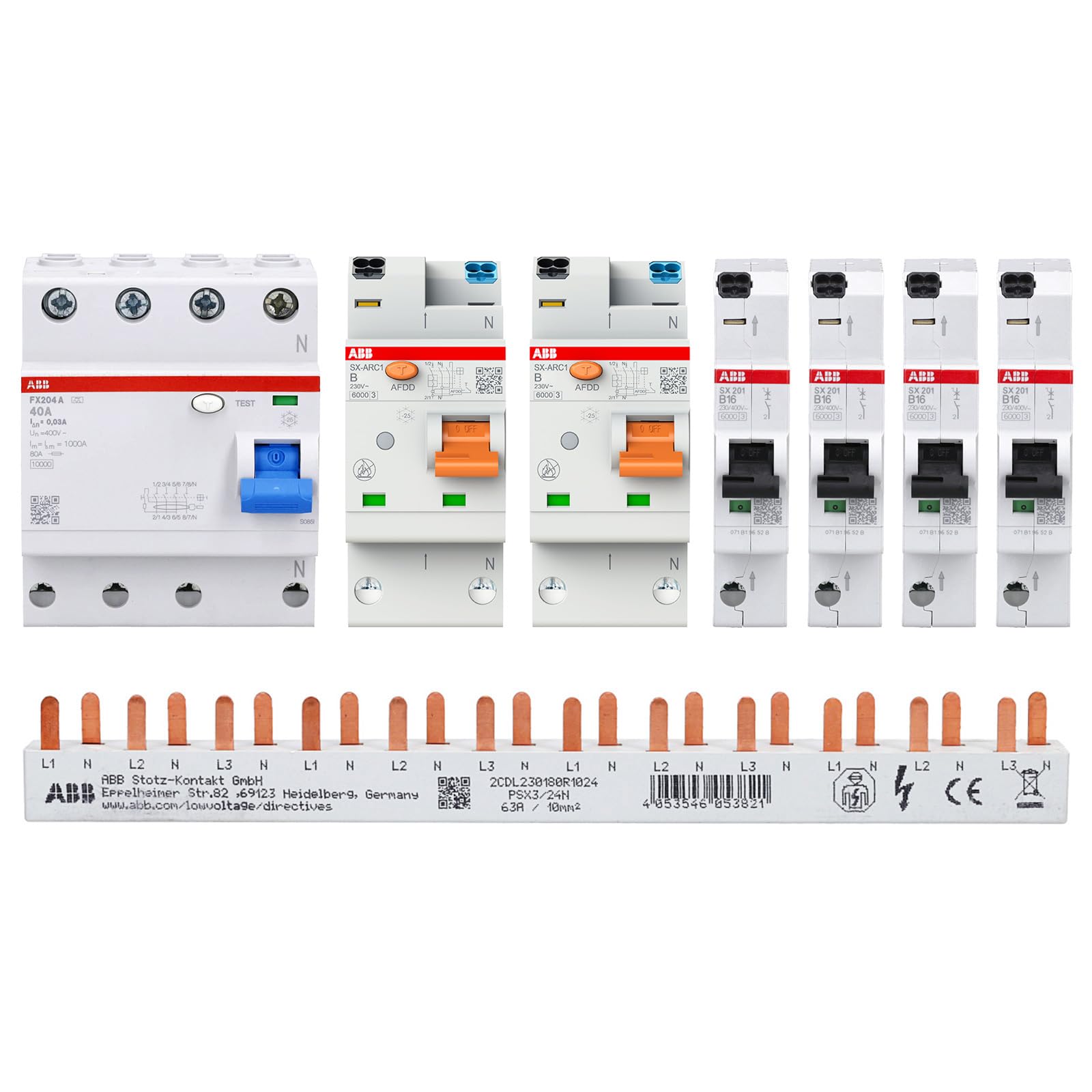 ABB FlexLine Komplettset FI, Sicherungsautomaten & AFDD mit Phasenschiene | 4× SX201-B16 LS-Schalter, 2× SX-ARC1 B16 Fehlerlichtbogen-Schutz (AFDD), 1× FX204 FI 40A/30mA, PSX3/24N