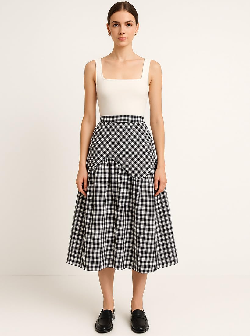Plaid Midi Skirt for Women Flowy Low Rise Vintage Checkered Asymmetrical Gingham Skirts - Image 6