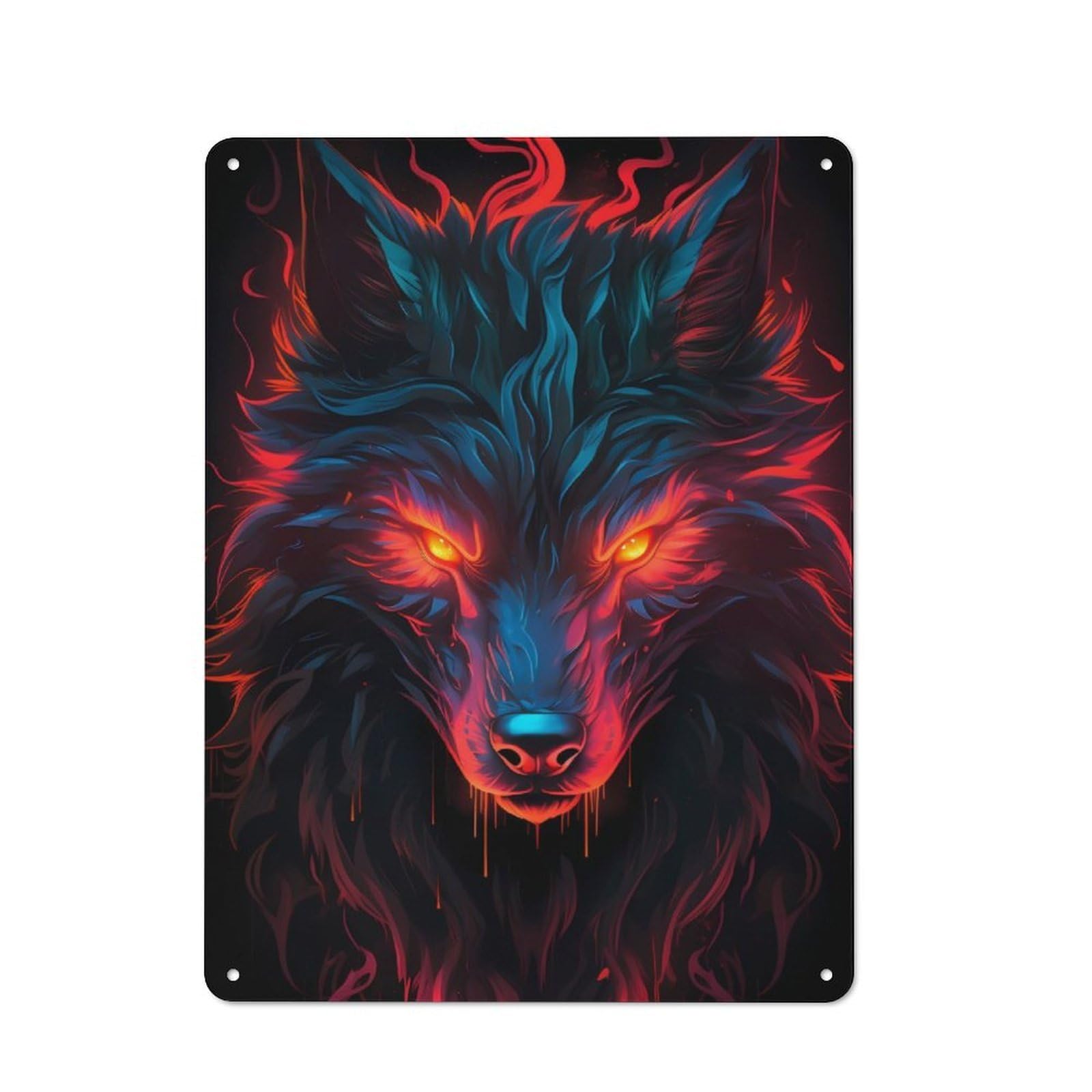 Rustic Vintage Metal Sign 40x30cm Featuring Fiery Wolf Portrait, Home Bar Decor for Cafe, Pub, Workshop Or Home Bar