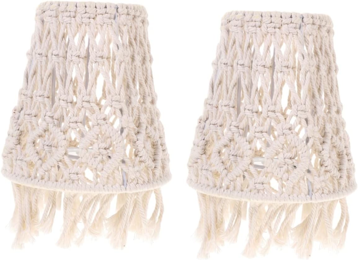 Uonlytech 2pcs Boho Lampshade Macrame Lamp Shade Clip on Chandelier Light Woven Tassel Pendant Macrame Decor Bohemia Child Cotton Rope Desk