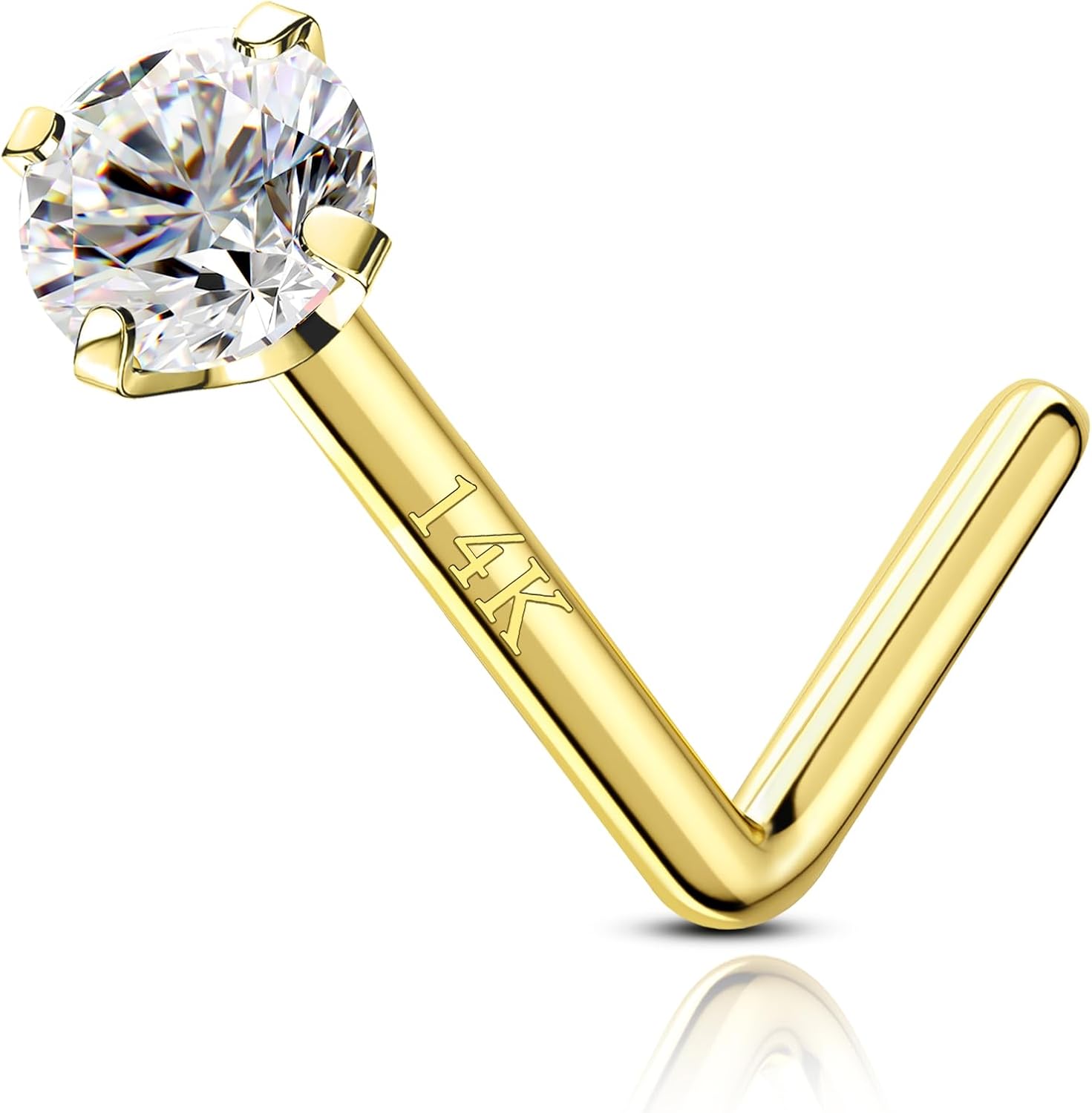 COCHARM 14K Solid Gold Bone L Bend Nose Stud 22g 18g 20g 1.5mm 2mm 3mm CZ Yellow Gold Nose Ring Stud Press Fit Nose Pin S Screw 14K Real Gold Nose Piercing 22g 20g 18g Nose Jewelry