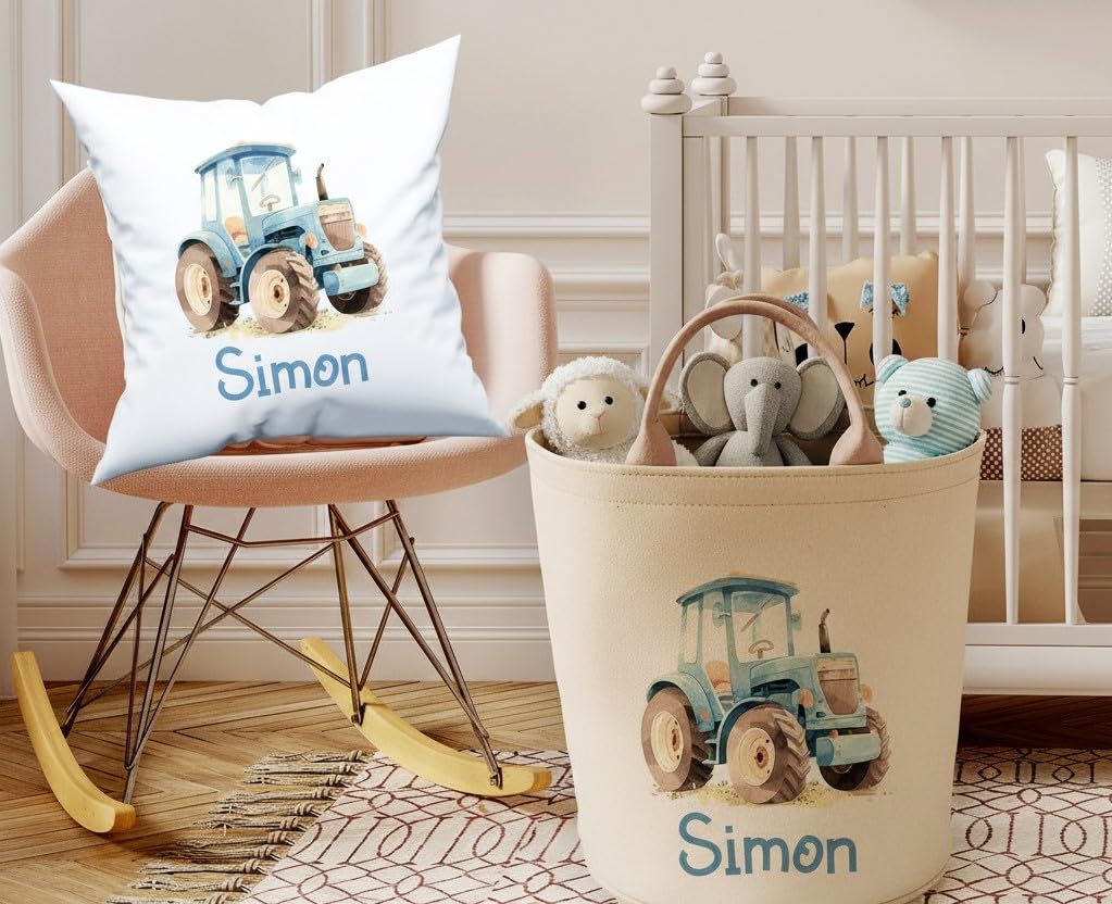 Personalised Custom Name Tractor Farm Felt Laundry Basket, Nursery Bin Organiser Bag With Handles, baby Storage Unit Tube