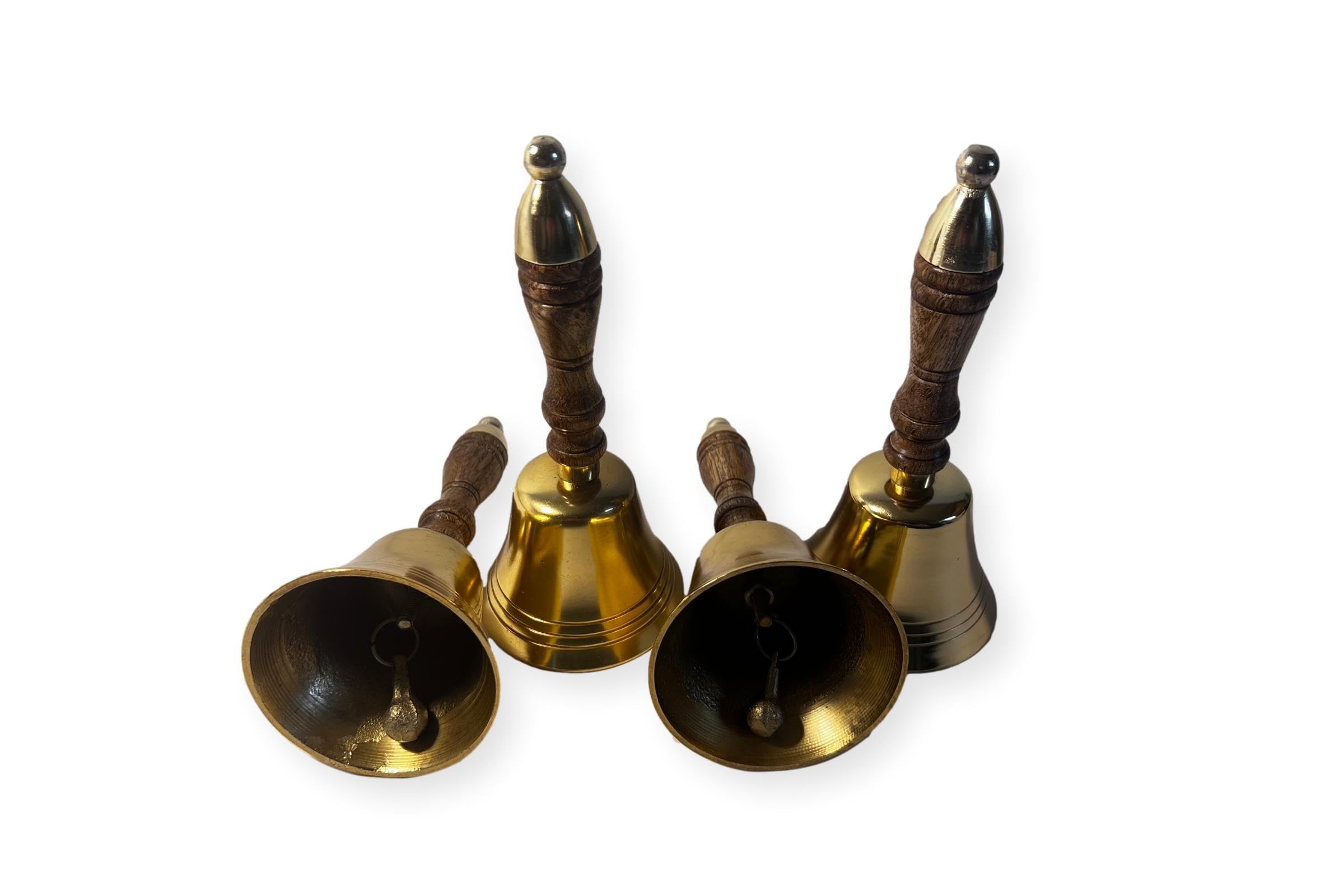 Set of Four Elegant 18cm Aluminium Library Hand Bell with Antique Brass Finish and Wooden Handle