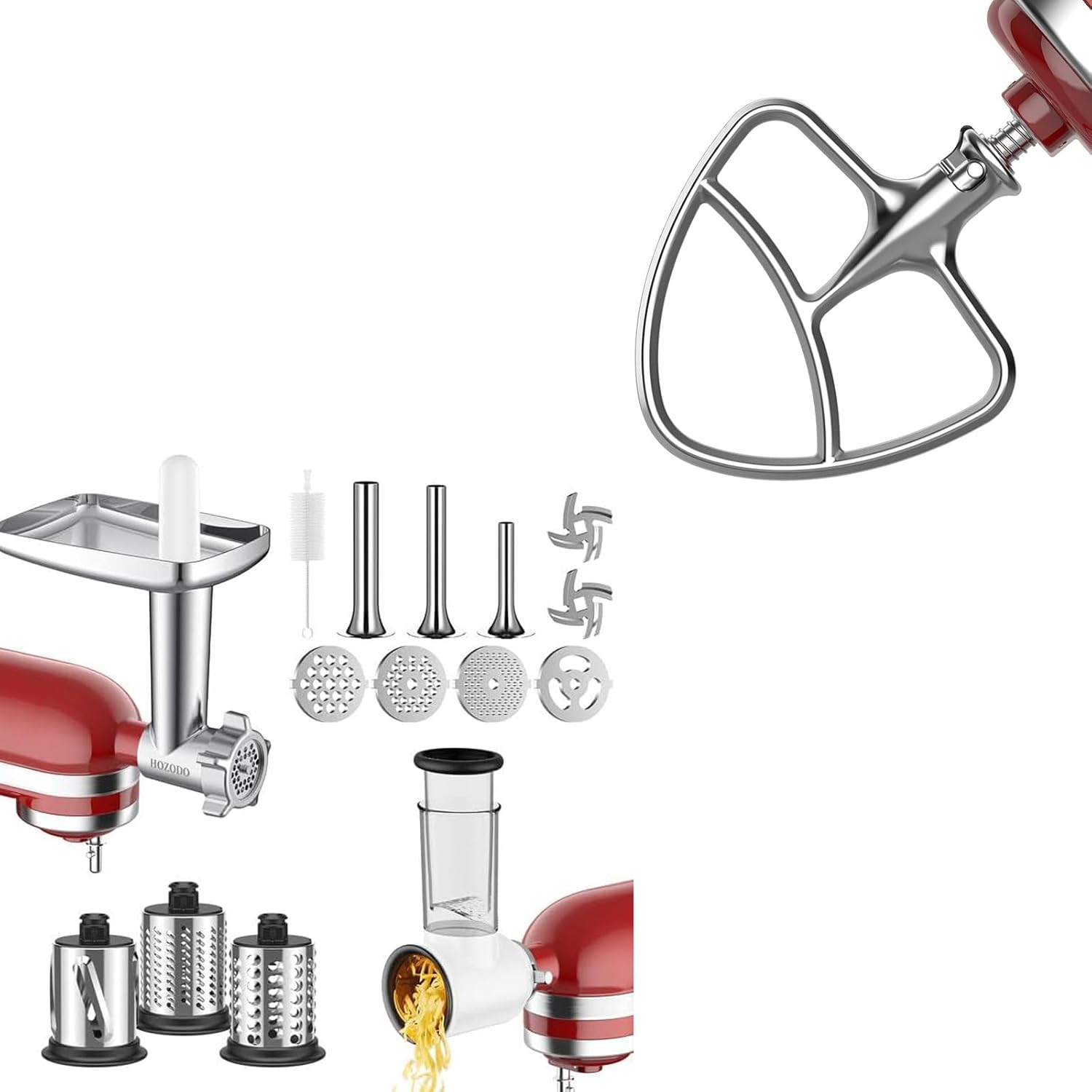 Meat Grinder & Slicer Shredder Attachments & Stainless Steel Beaters for Kitchenaid Stand Mixer