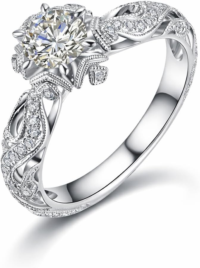 925 Sterling Silver Plated Diamond Ring Hollow Out Flower Ring Cz Simulated Diamond Star Ring Crystal Rings Delicate Everyday Ring for Women (Silver, 9)