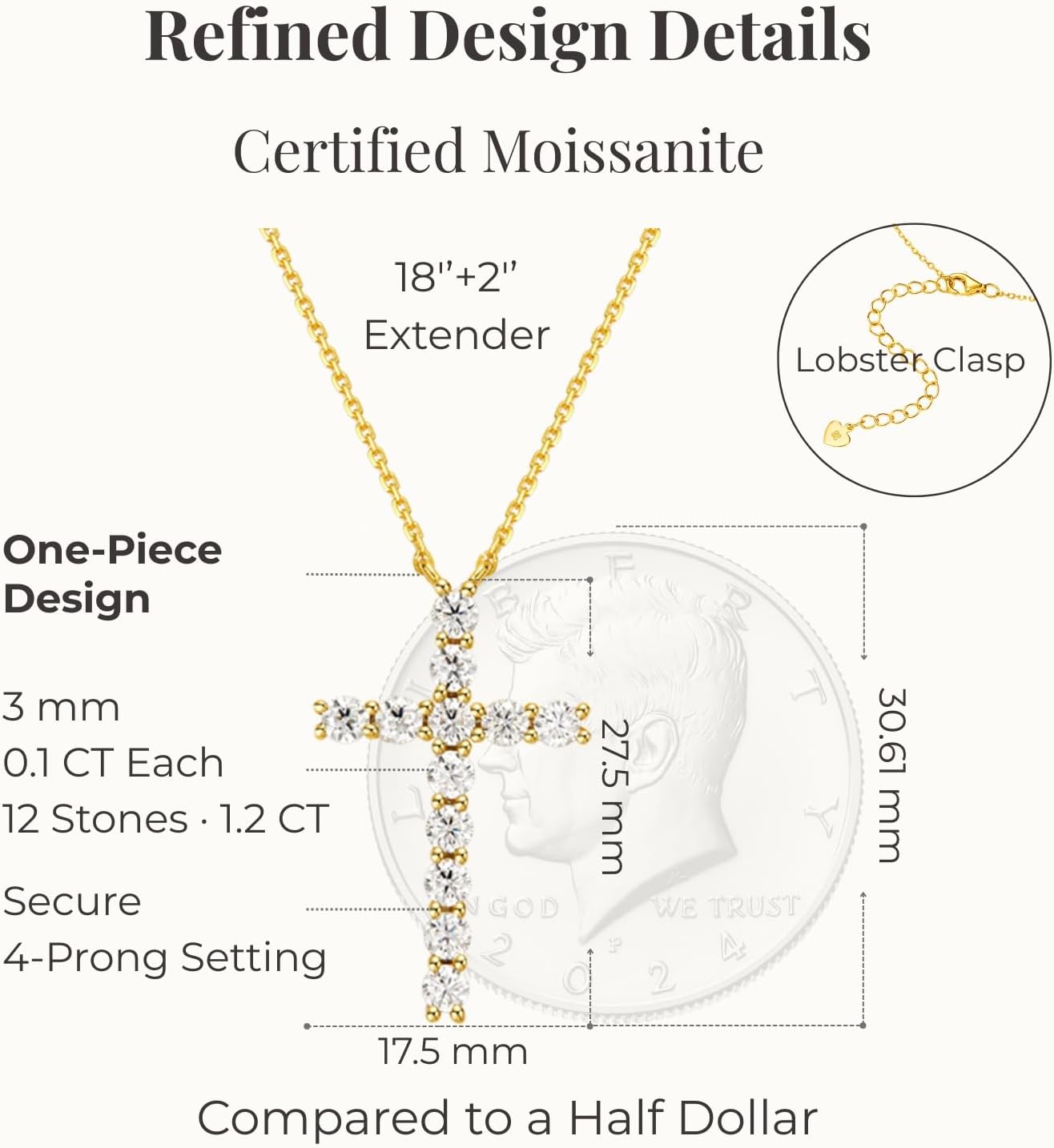 LOVE&LOVE Moissanite Cross Necklace Collection For Women Men, D Color VVS1 Moissanite Pendant, 18K White or Yellow Gold Plated 925 Sterling Silver Christian Religious Jewelry Gifts Her Him