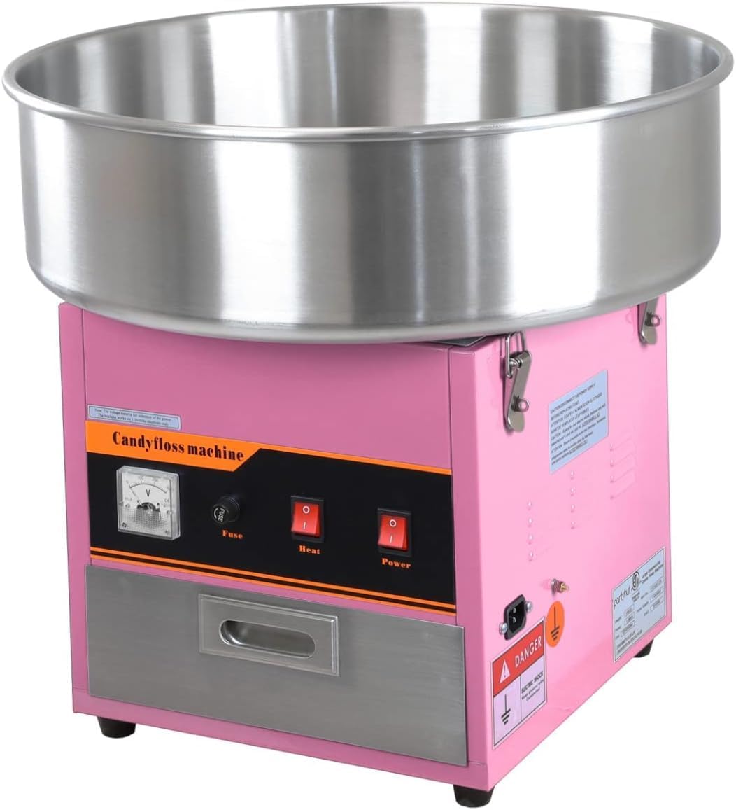 KHUSHI UDYOG - Commercial Cotton Candy Machine, 1000W, 52cm Bowl, Pink, with Storage Drawer