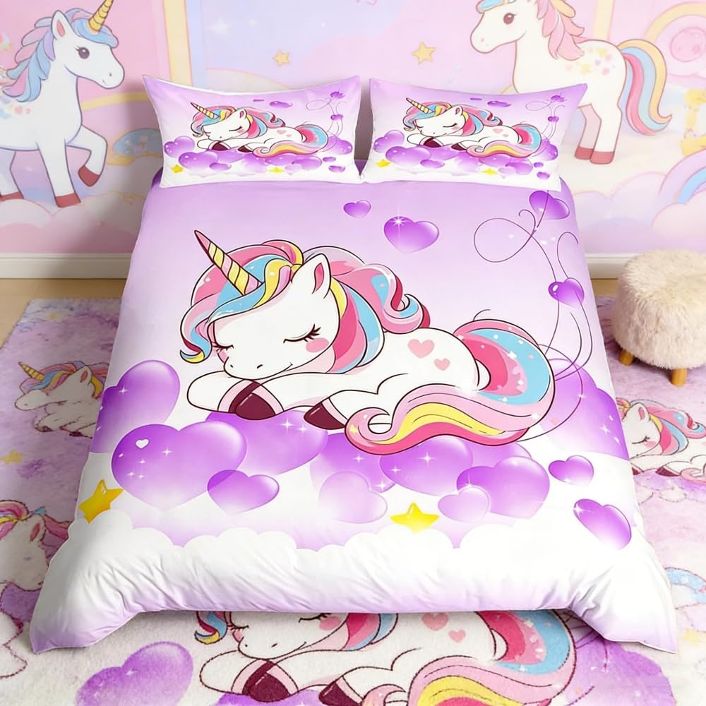 Juego de ropa de cama para niñas, diseño de unicornio, tamaño King, estampado de animales, juego de ropa de cama para mujer, unicornio mágico, juego de ropa de cama con diseño de corazón, morado, 3