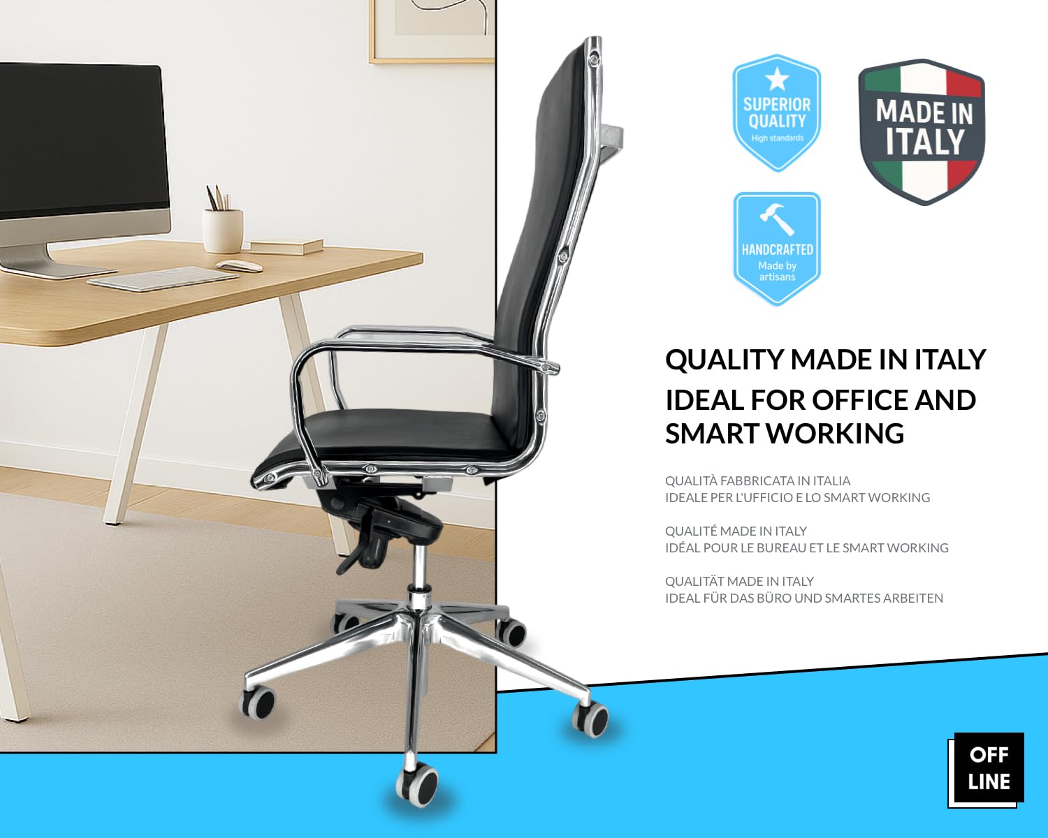 OFF LINE Sedia Ergonomica per Ufficio e per Smart Working, Ruote Silenziose, Per Uso al PC, in Finta Pelle Nera e Telaio con Braccioli in Acciaio Cromato, Schienale Alto (70x70x120 cm)