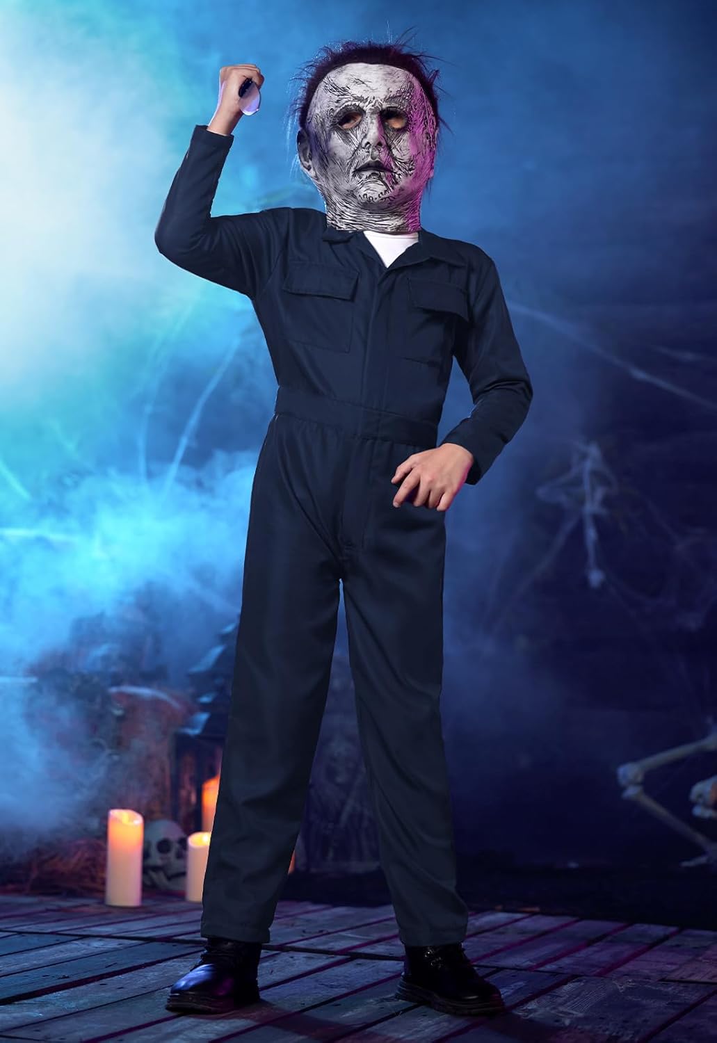 BesserBay Halloween Kids 3Pcs Scary Killer Costume with Mask Knife Navy Mechanic Coveralls Set 4-14 Years