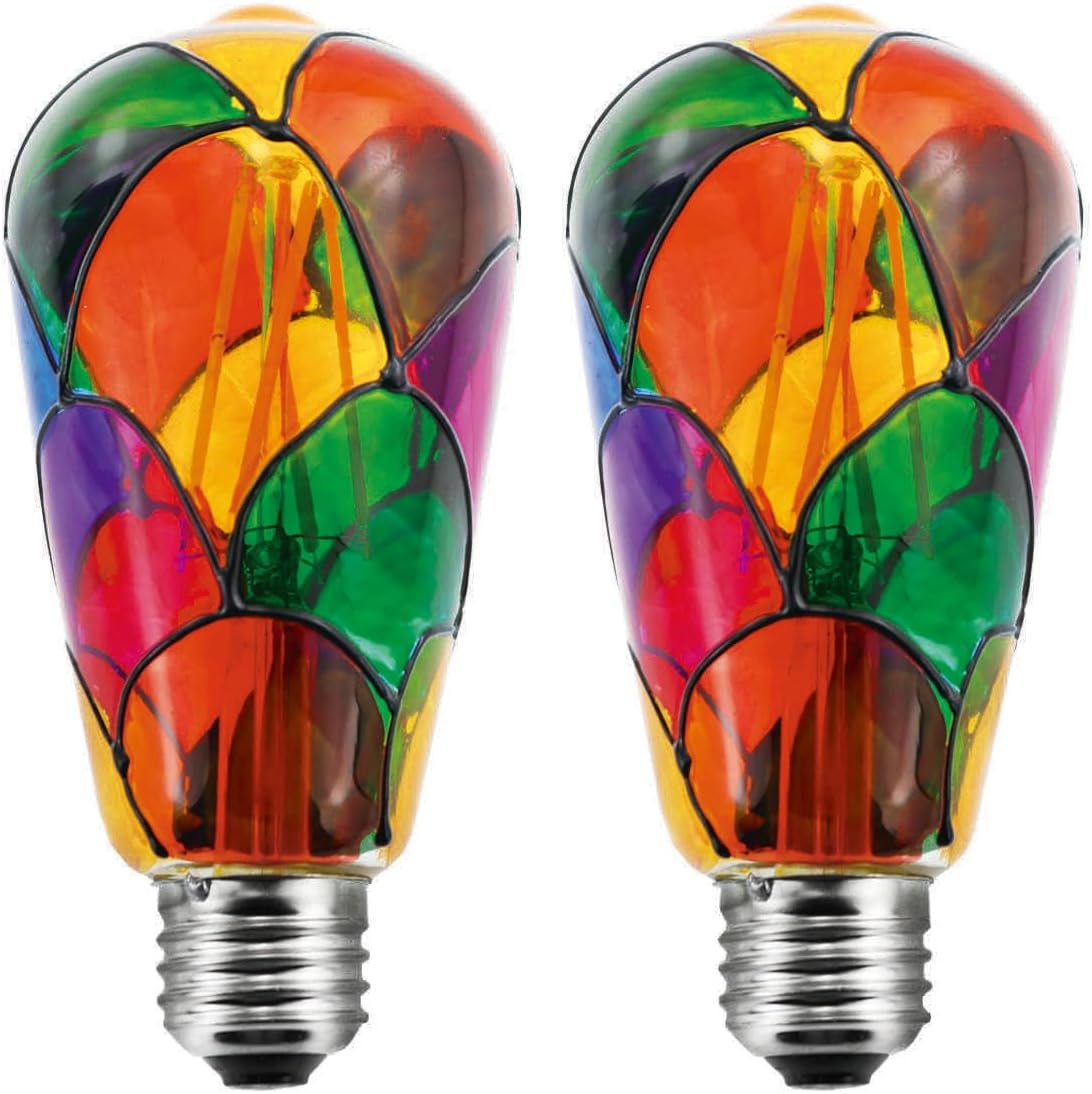 Dimmable Stained Glass LED Light Bulb 6W AC120V, 60W Halogen Bulb Equivalent, E26 ST64 Color LED Light Bulbs for Home Party,Festive Atmosphere,Home Lighting,Bedside Lamp,2 Pack