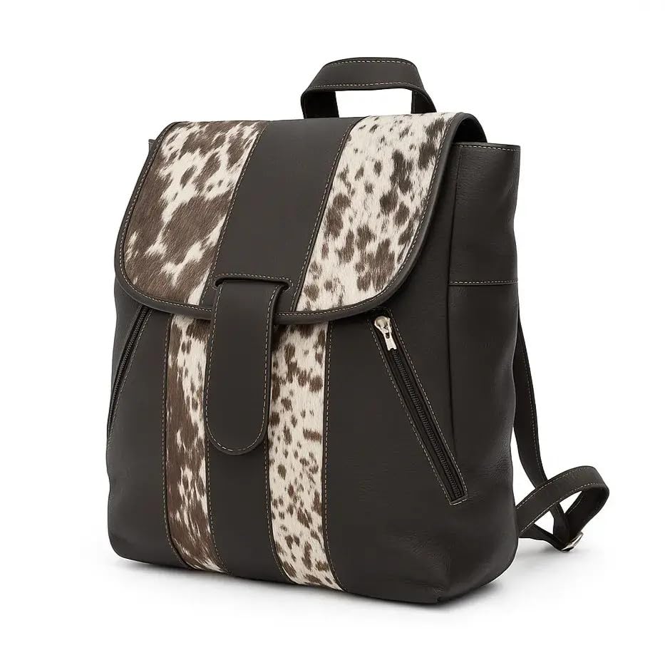 Trahide – Backpack Cowhide Hair-On & Brown Leather | Rustic Panel Design & Side Zippers – 14” x 13” Inches - Option 14