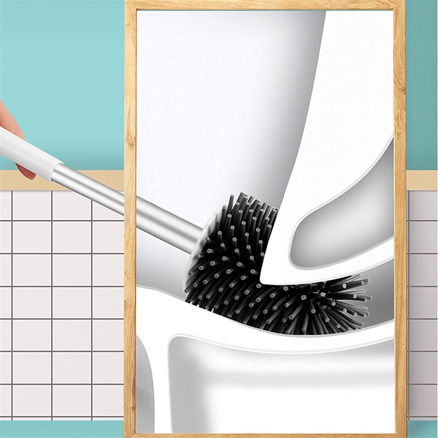 ESOUY Juego de escobilla de inodoro con cabeza de goma para uso doméstico, soporte largo para colgar en la pared, cepillo suave para la limpieza del suelo flexible de silicona herramienta para el baño