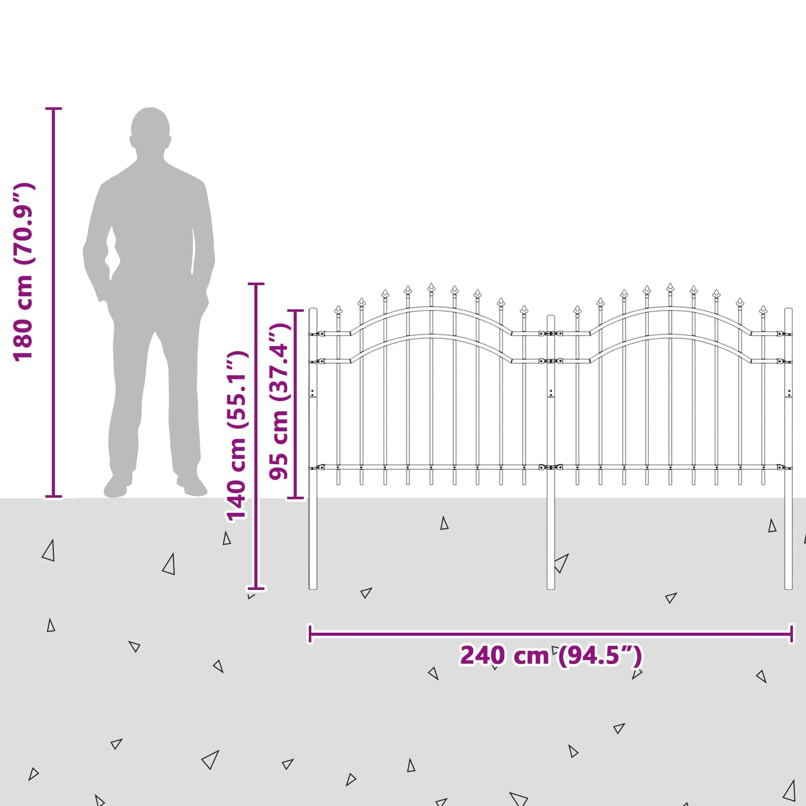 Cerca de jardín con punta de lanza de acero, valla robusta con diseño curvado como valla de jardín duradera con espaciadores horizontales para jardín y casa, valla de metal recubierta por