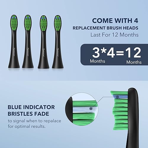 Miniatura 9 de ARISSON Cepillo de dientes eléctrico Sonic para adultos y niños con 4 cabezales de cepillo, carga rápida tipo C, maíz nuevo + negro medianoche