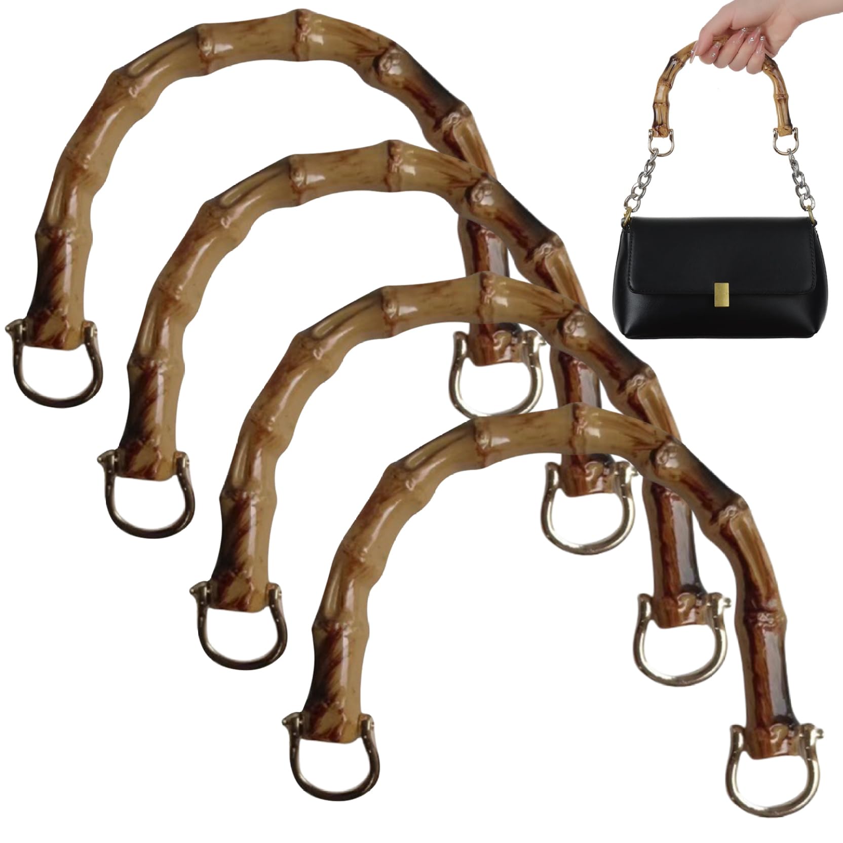 Nukinp 4Pcs Purse Handles U Shaped Bamboo Purse Handles Decorative Wooden with Gold Metal Buckle Replacements for DIY Beach Bag Handbags