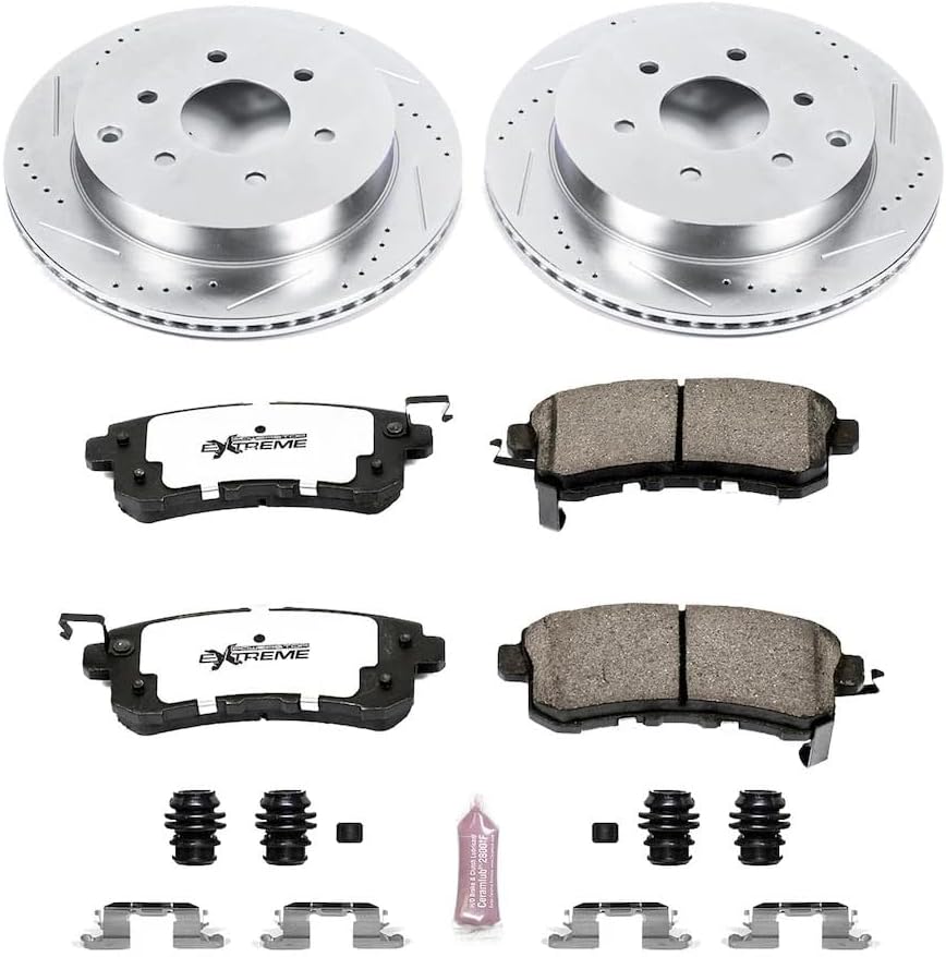 PowerStop Rear Brake Kit For Infiniti QX56 2011-13 |QX80 2014-24 |Nissan Armada 2017-24 - Truck & Tow Carbon Fiber Ceramic Brake Pads + Drilled & Slotted Rotors Upgrade, K6323-36