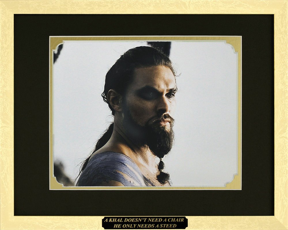 Game of Thrones Jason Momoa as Khal Drogo Framed Movie Photo with Plate Custom Made Real Wood Modern Gold Frame (15 1/2 x 12 1/2")