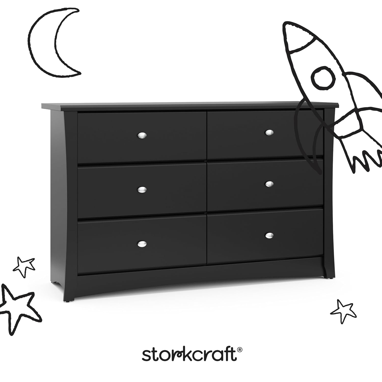 Storkcraft Crescent 6-Drawer Dresser (Black) – GREENGUARD Gold Certified, Black Dresser for Bedroom, Kids & Nursery Storage Chest, Safety Interlocking Drawers, Pre-Installed Tracks, Kids Chest