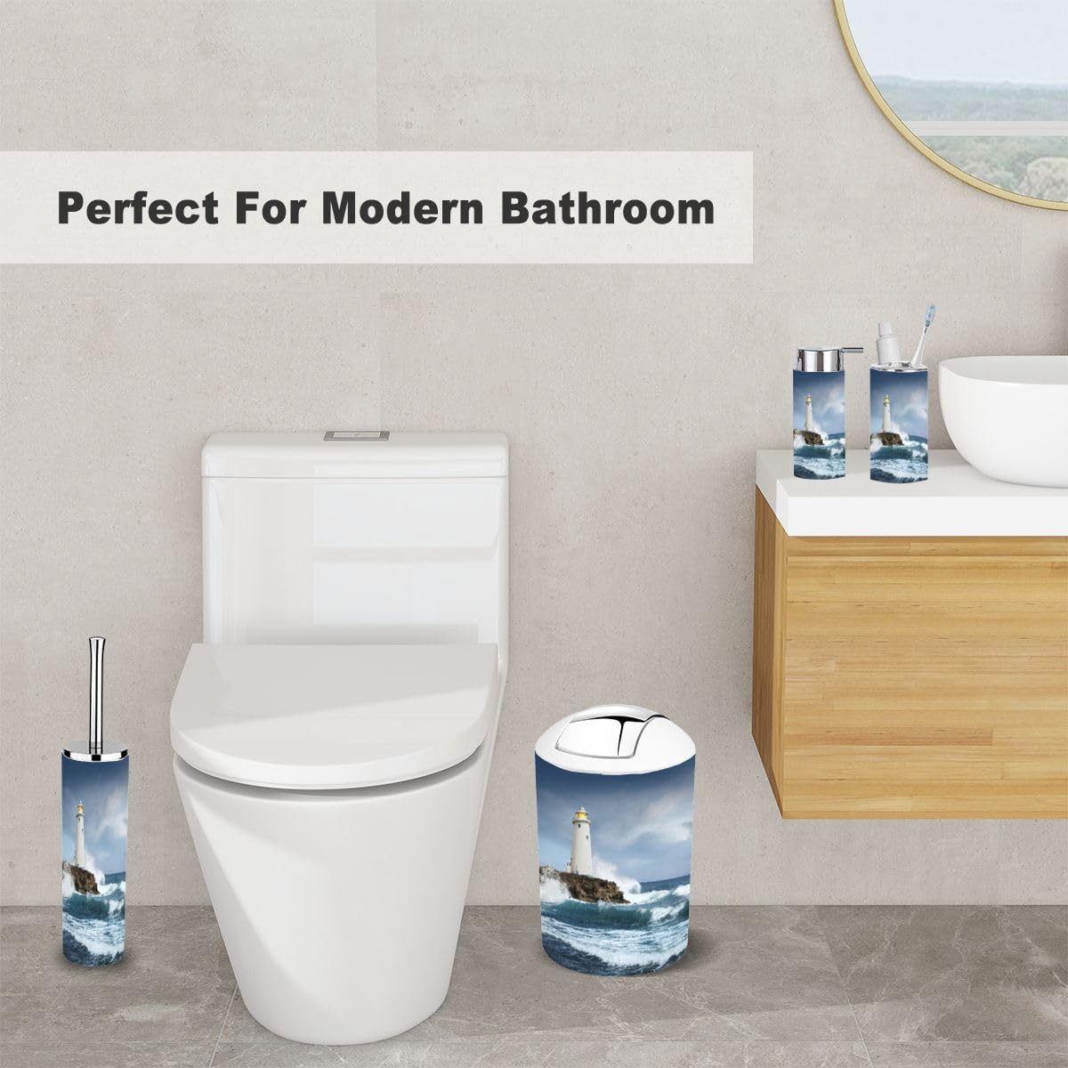 Bathroom Accessory Set 6 Piece White Lighthouse Cliff Toothbrush Holder, Toothbrush Cup, Soap Dispenser, Soap Dish, Toilet Brush Holder, Trash can, aibsGFawtj8nw-6j