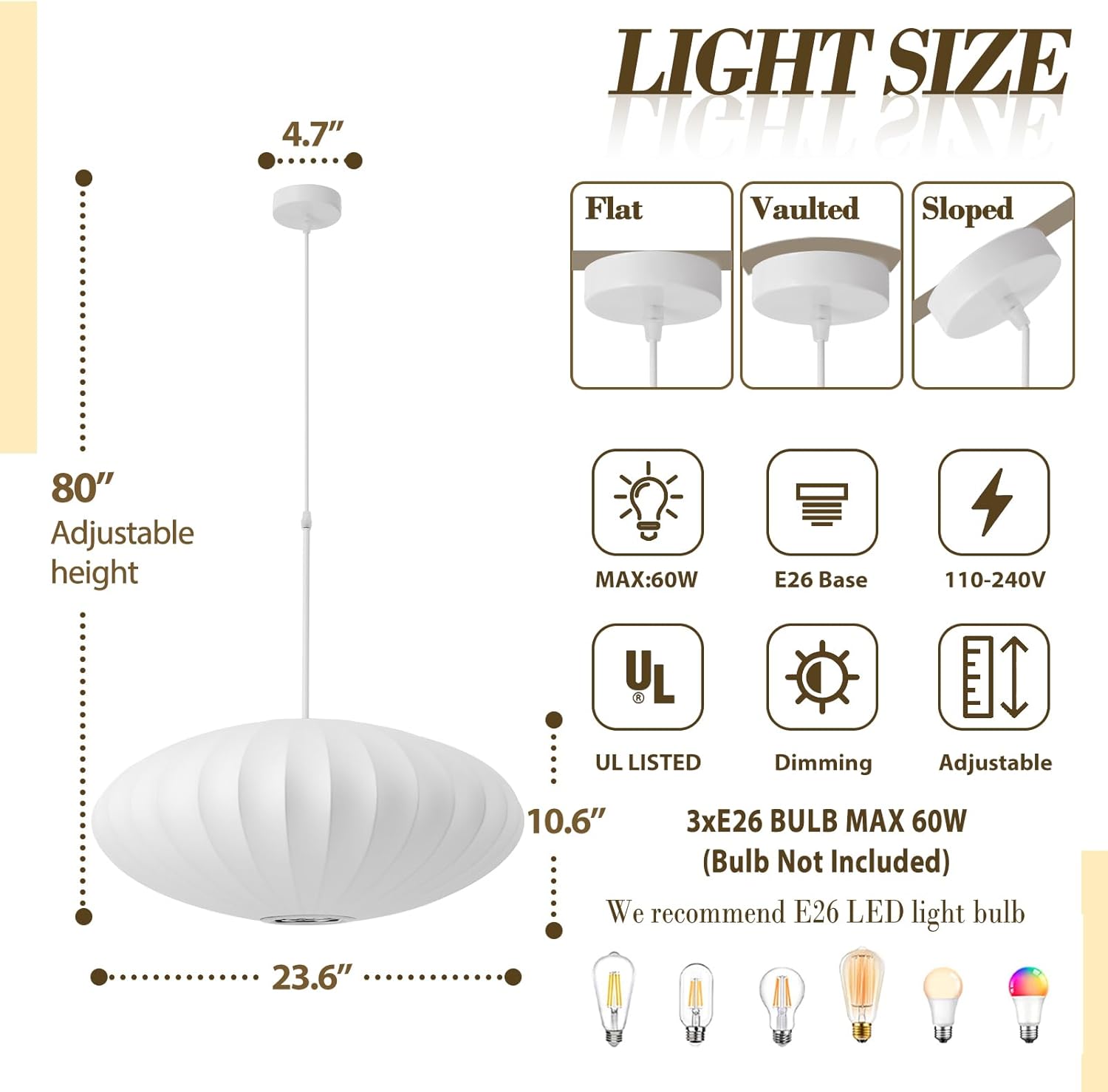 23.6" Lantern Pendant Lights Japanese Chandelier for Living Room White Bubble Chandelier Large Wabi Sabi Pendant Light Fixtures for Dining Room Kitchen Island
