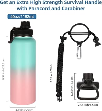 Volhoply 40 oz Insulated Water Bottles Paracord Handle, Stainless Steel Bottle with Spout Lid, Double Walled Travel Water Cups with Wide Mouth, Reusable Water jug for Adults (Green Pink, 1 Set)