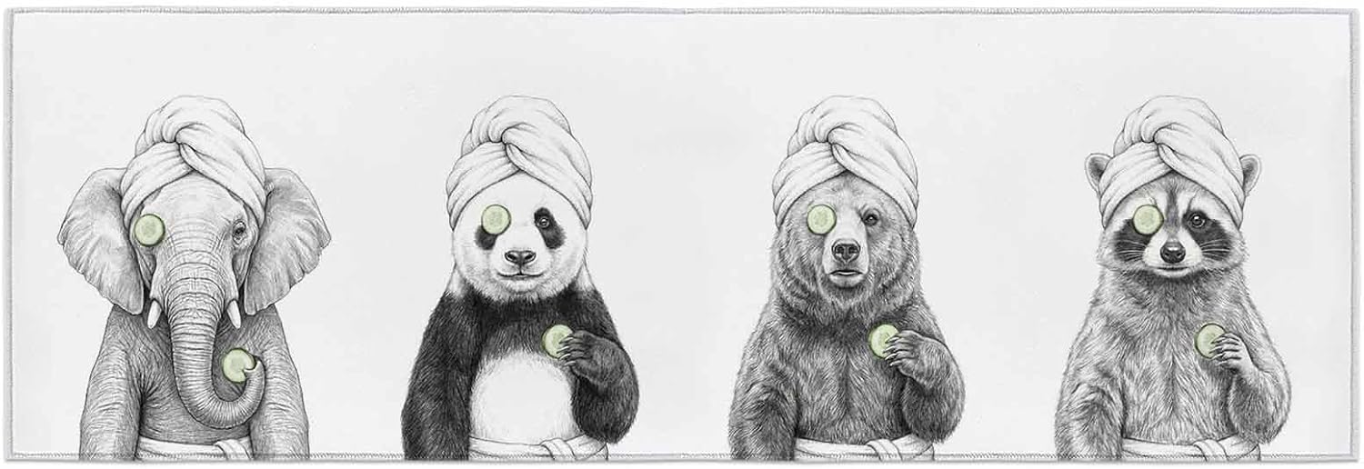 Teamery Kitchen Mats for Floor Funny Animal SPA Sketch Art Washable Non Slip Kitchen Rugs 1PCS, Bear Panda Elephant Raccoon Absorbent Standing Mats for Sink Bathroom Office Living Room 23.6x70.9in