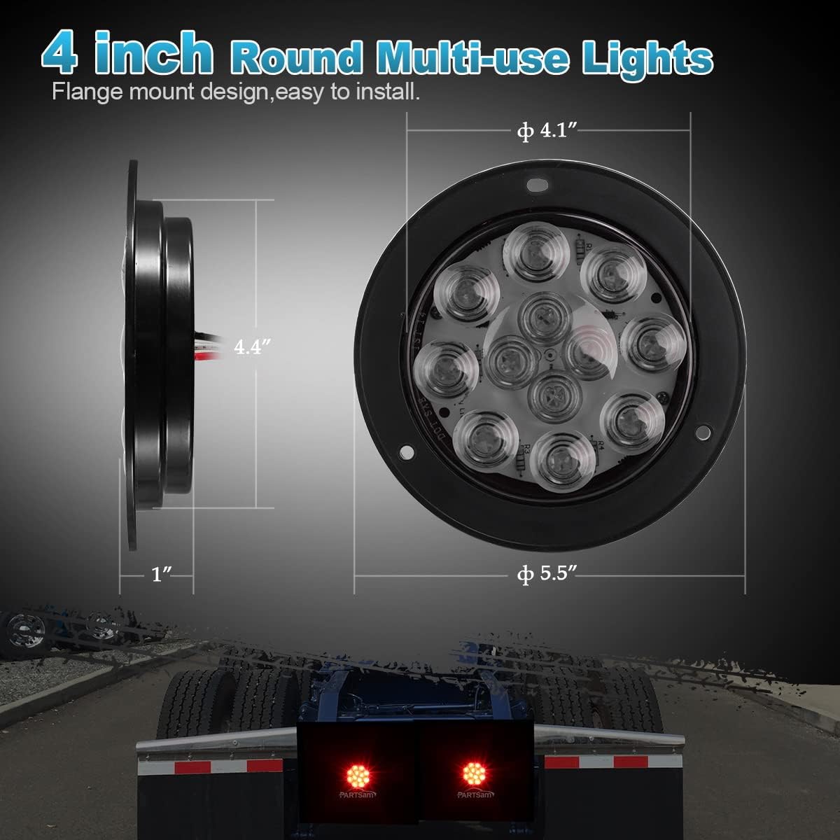 Partsam 2Pcs 4 Inch Round Red LED Trailer Tail Lights Flange Mount Smoke Lens - 12 RED LED Turn Stop Brake Trailer Lights Waterproof for RV Trucks