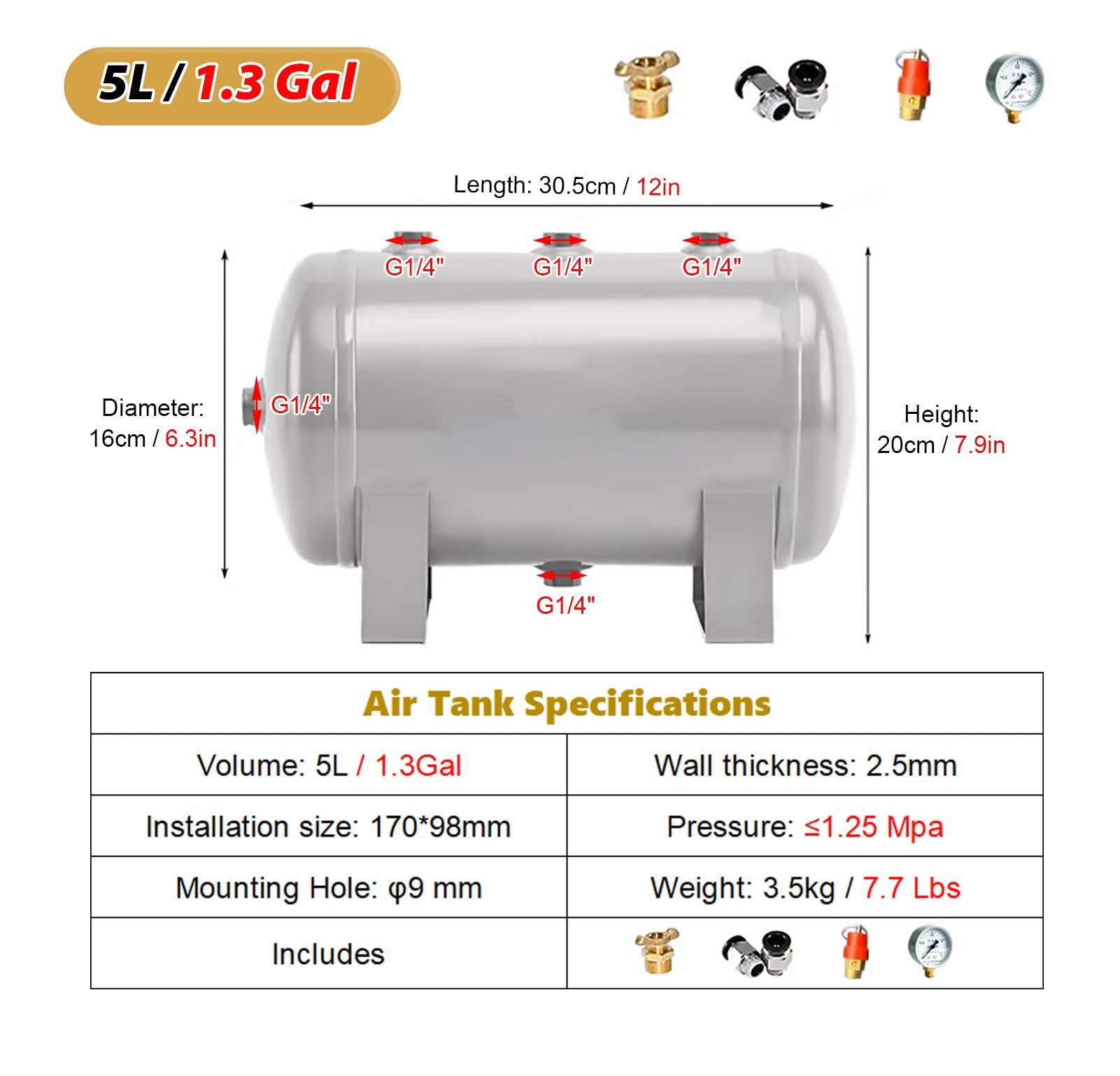 Serbatoio Aria Compressa Serbatoi D'aria Compressa Portatili, Contenitori per Lo Stoccaggio di Propano/ Idrogeno/ Azoto, Bombole a Pressione Rinforzate con Raccordi per Valvole(5L/1.3Gal (Style D))