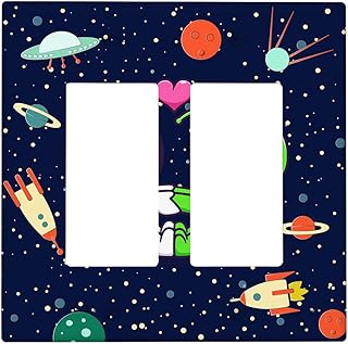 Cartoon Astronaut 2 Gang Double Rocker Light Switch Plate Covers Decorative, Funny Alien UFO Planet Rocket Wall Plate Decora Switchplate Faceplate for Kitchen Bedroom Living Room Decor