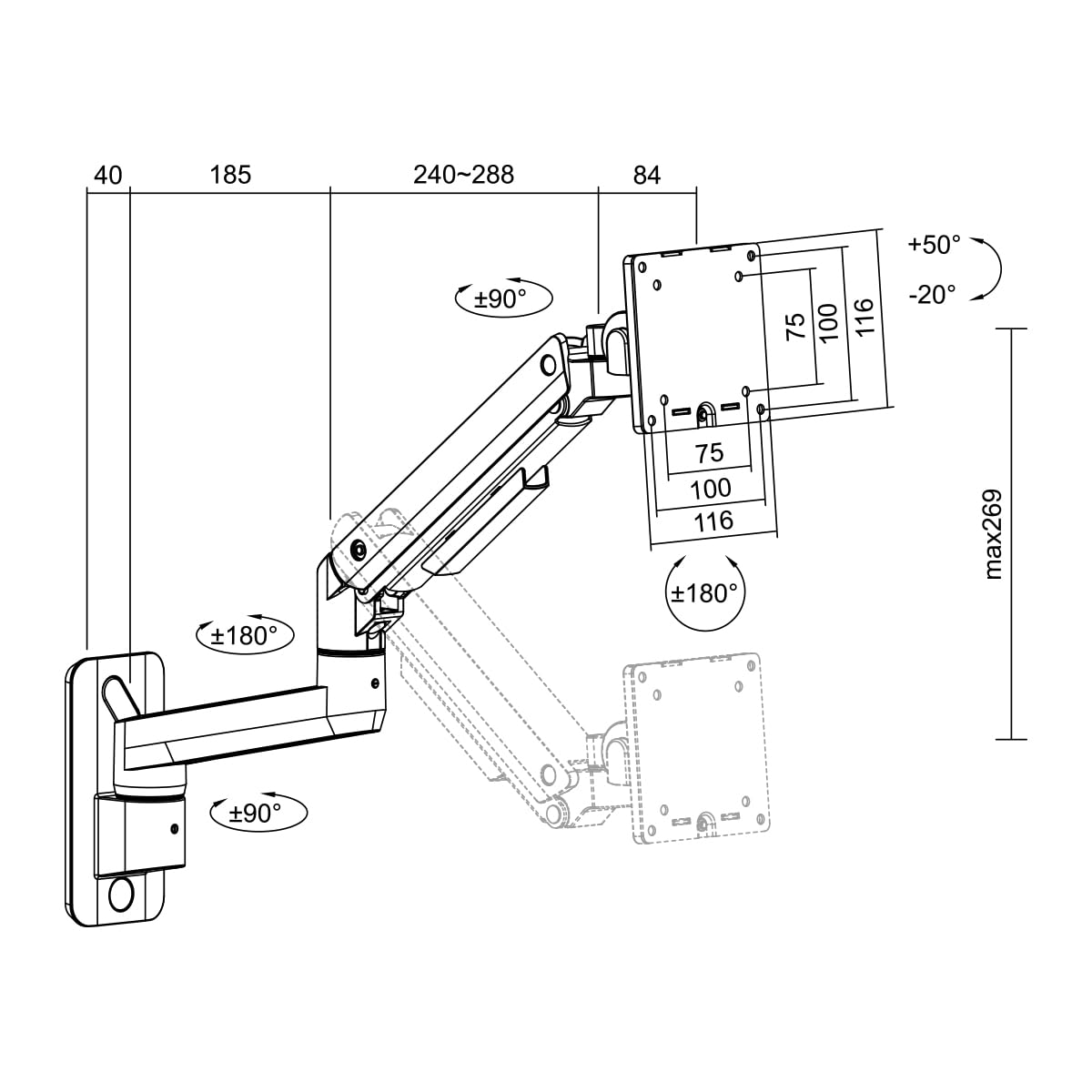 Supporto per monitor da 17 a 49" con molla a gas, adatto per monitor Flat & Curved
