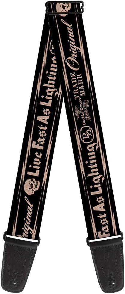 Buckle-Down Guitar Strap Skull Live Fast As Lightning Black Light Orange 2 Inches Wide
