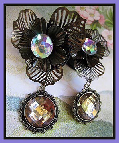 Big Rhinestone Flower BOHO EAR PLUGS dangle earrings gauge 1/2", 9/16", 5/8", 11/16", 7/8", 1", 1 1/16" aka 12, 14, 16, 18, 22, 25, 28mm